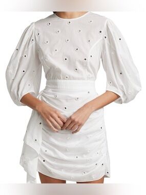 NWT Rhode Pia Puff Sleeve Eyelet Cotton Ruffle White Mirror Mini Dress Size XS
